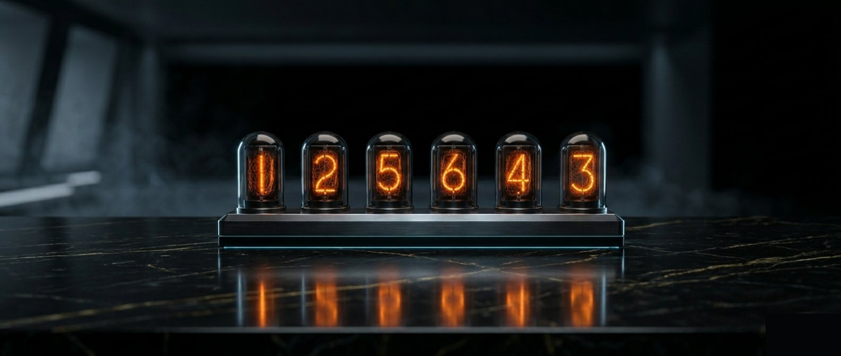 VANTA RGB IPS tube desk clock on black marble, front view